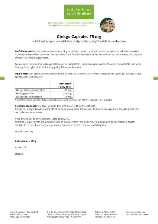 Sanct Bernhard Ginkgo Capsules 75 mg