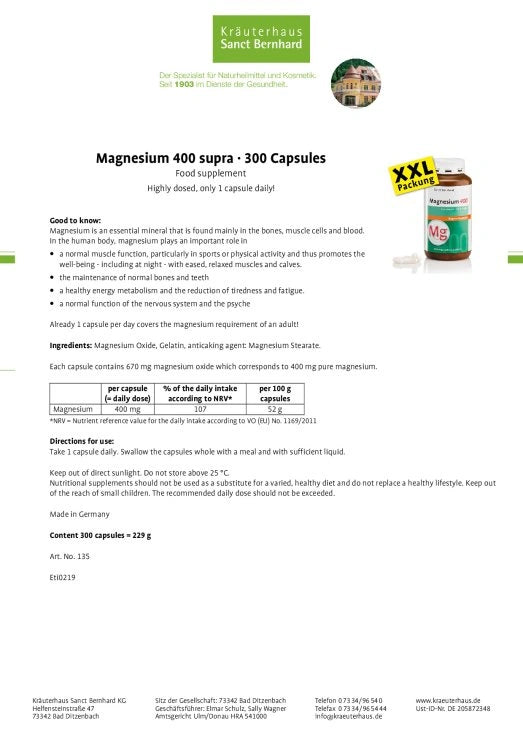 Sanct Bernhard Magnesium 400 supra Capsules · 300 capsules