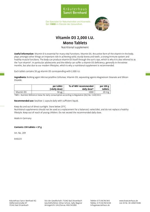 Sanct Bernhard Vitamin D3-2,000 I.U. Mono-Tablets