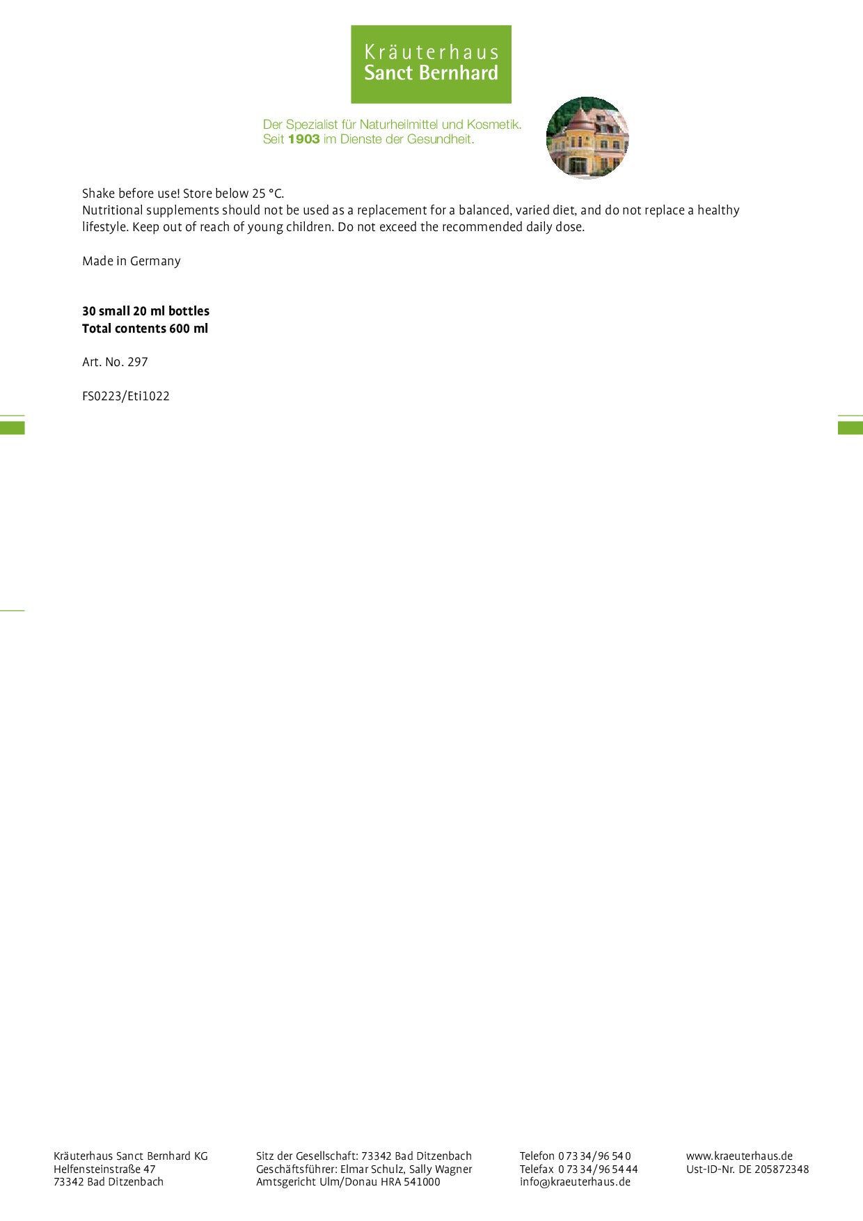 Sanct Bernhard Beauty Drink with Collagen and Hyaluronic Acid 30 x 20 ml