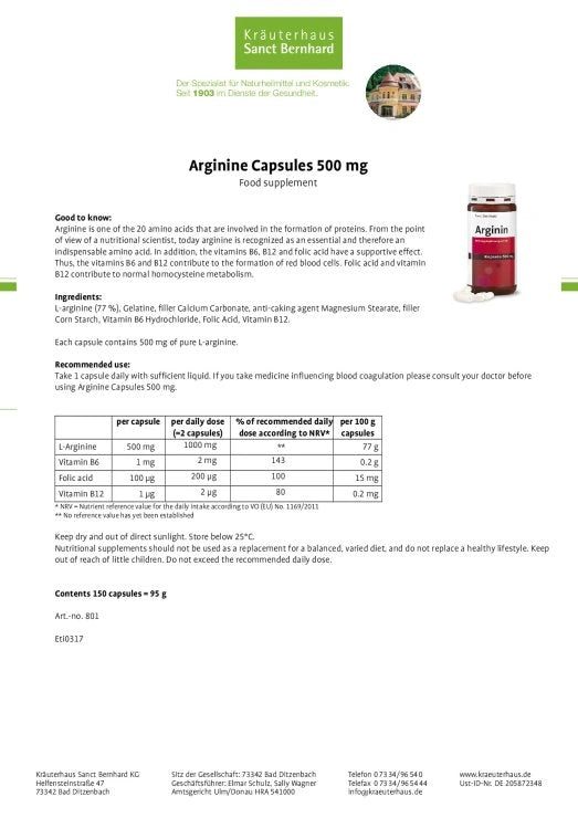 Sanct Bernhard Arginine Capsules 500 mg