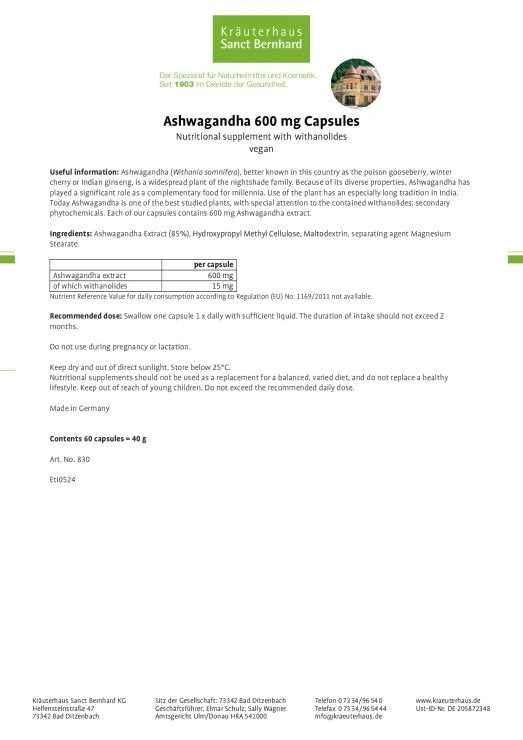 Sanct Bernhard Ashwagandha 600 mg Capsules