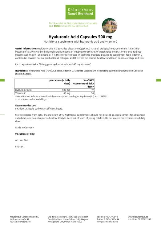 Sanct Bernhard Hyaluronic Acid Capsules 500mg