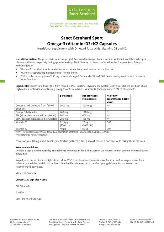 Sanct Bernhard Sport Omega-3+Vitamin-D3+K2 Capsules
