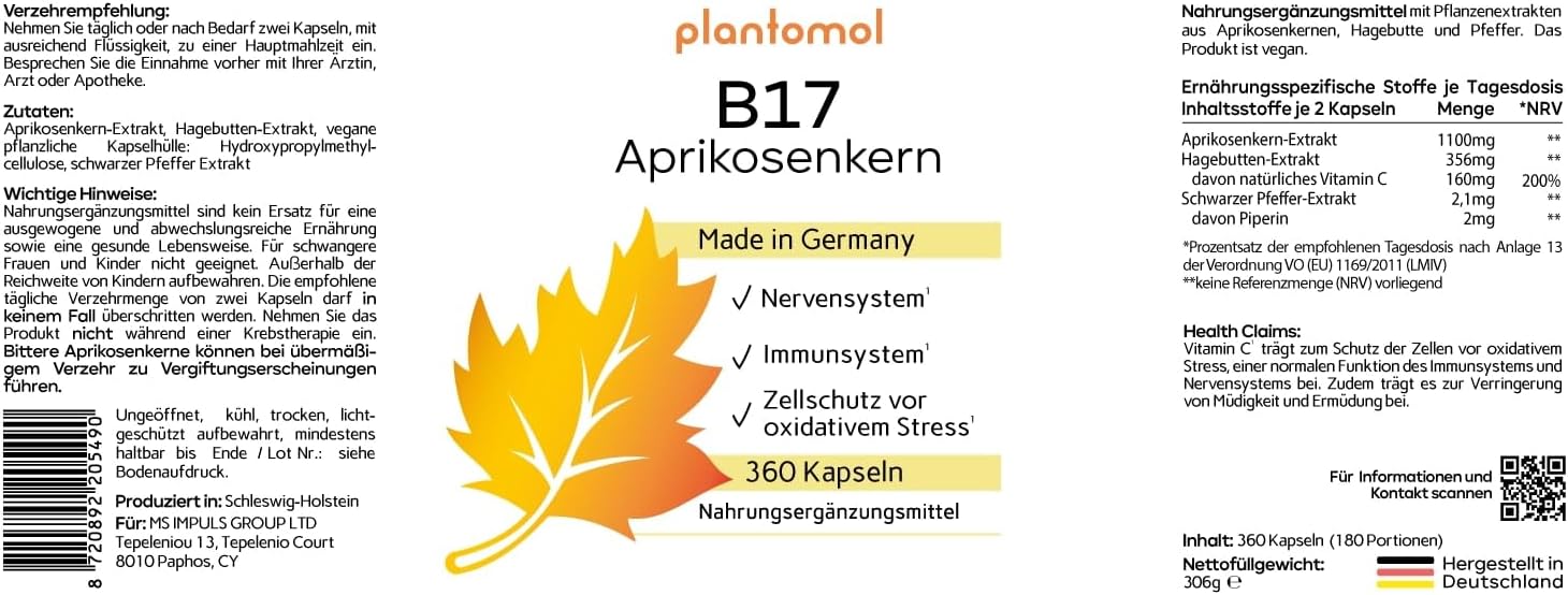 Plantomol B17 لب المشمش (360 كبسولة)