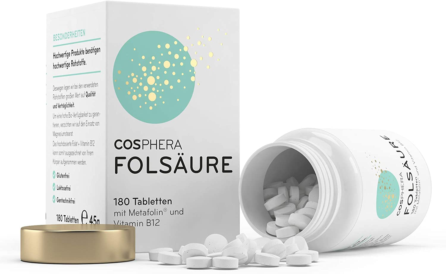 Cosphera Folic Acid Tablets - High Dose with 800 μg Folate (Metafolin) and 25 μg Vitamin B12 per Tablet