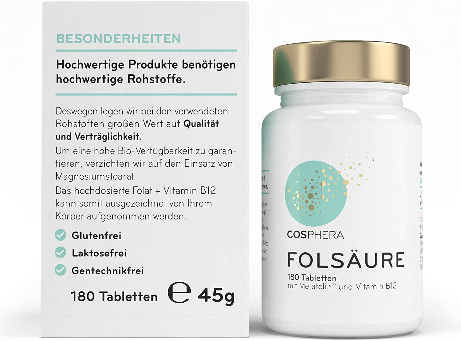 Cosphera Folic Acid Tablets - High Dose with 800 μg Folate (Metafolin) and 25 μg Vitamin B12 per Tablet