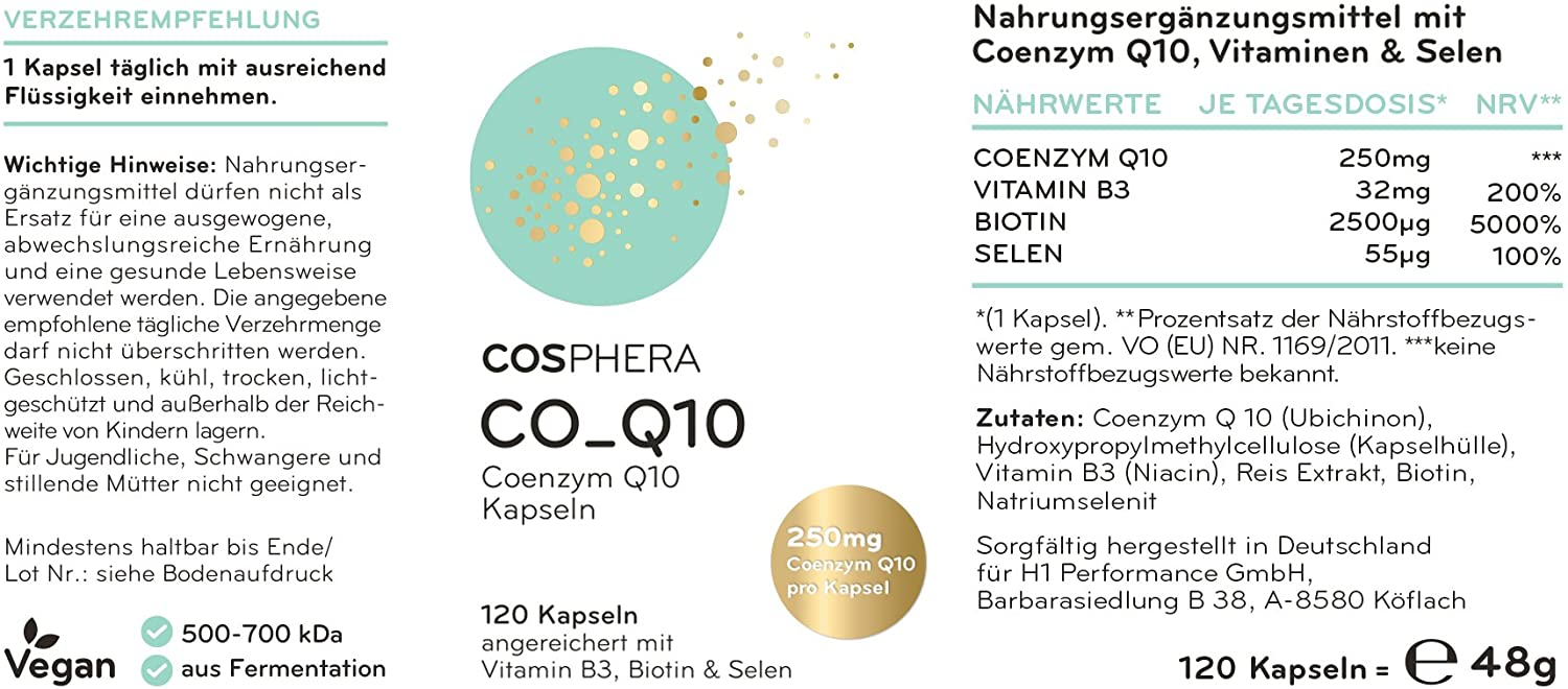 Cosphera Coenzyme Q10 - High Dose with 250mg per Capsule 120 Vegan Capsules.