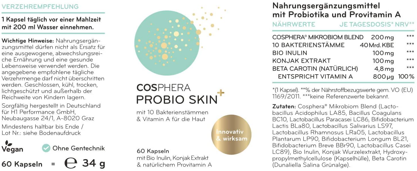 Cosphera Probio Skin Capsules, High Dose, Vegan I Probiotics & Prebiotics
