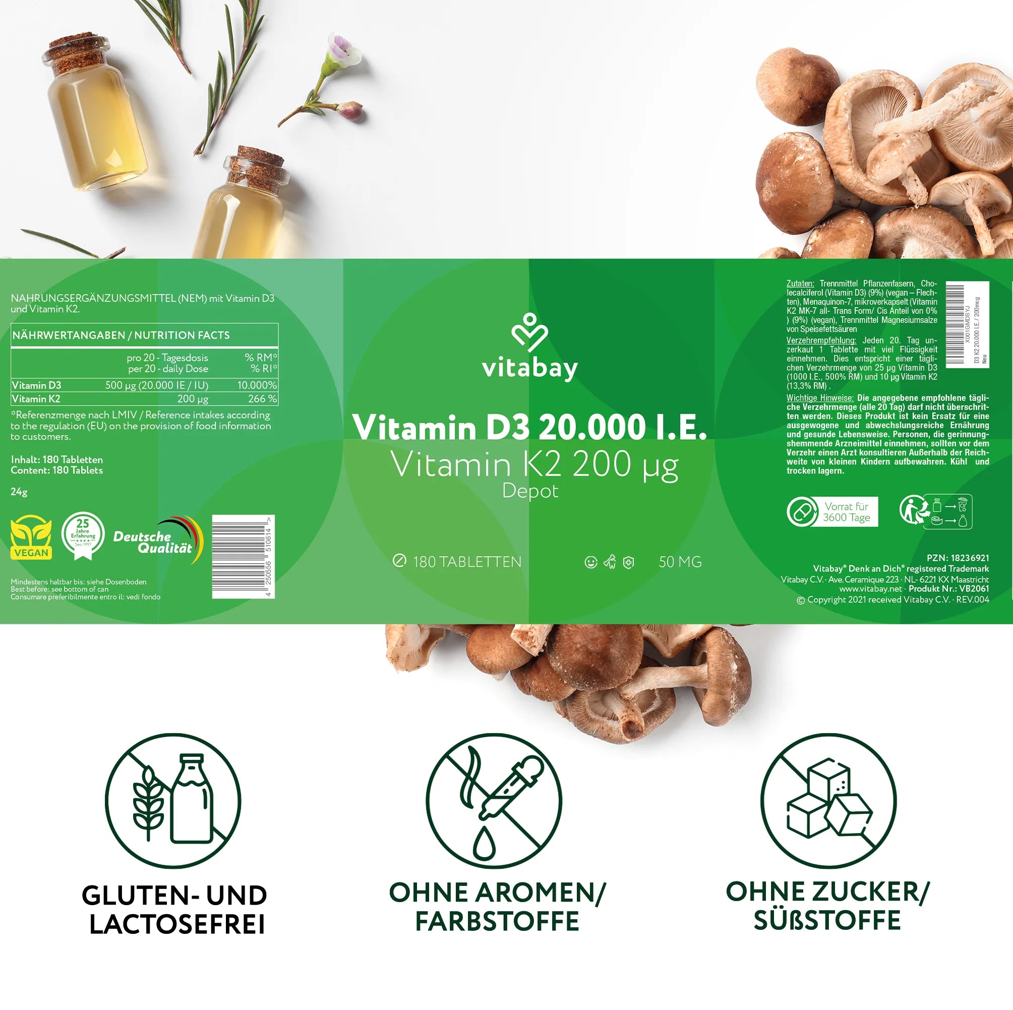 Vitabay Vitamin D3 20,000 IU + K2 200 µg - 180 vegan tablets
