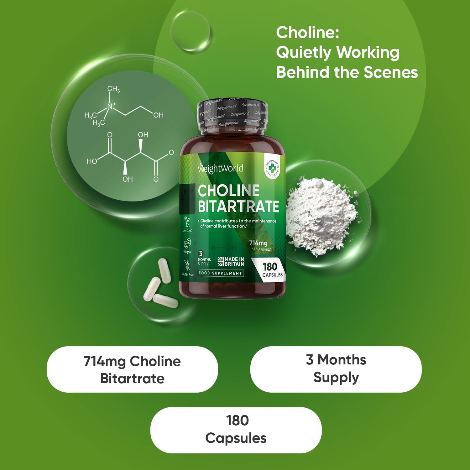 مكمل كولين بيطرطرات من ويِت وورلد 714 ملجم | 180 كبسولة | تكفي 3 أشهر | غير معدل وراثيًا وخالٍ من الجلوتين | يساهم الكولين في الحفاظ على وظائف الكبد الطبيعية (وفقًا لمزاعم الهيئة الأوروبية لسلامة الأغذية)