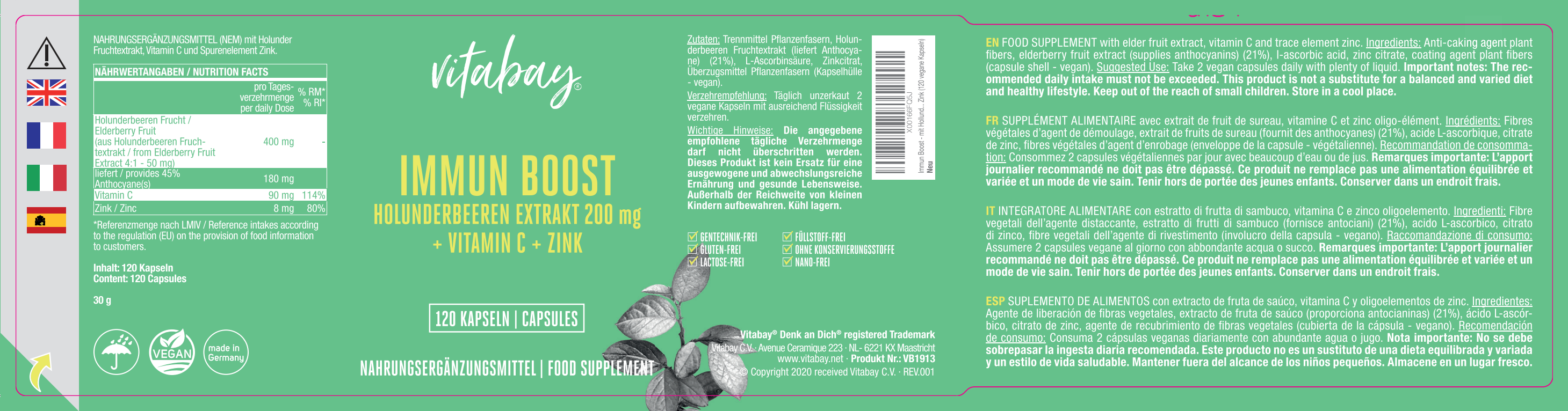 Immun Boost - mit Holunderbeeren Extrakt 200mg, Vitamin C und Zink - Vegane Kapseln