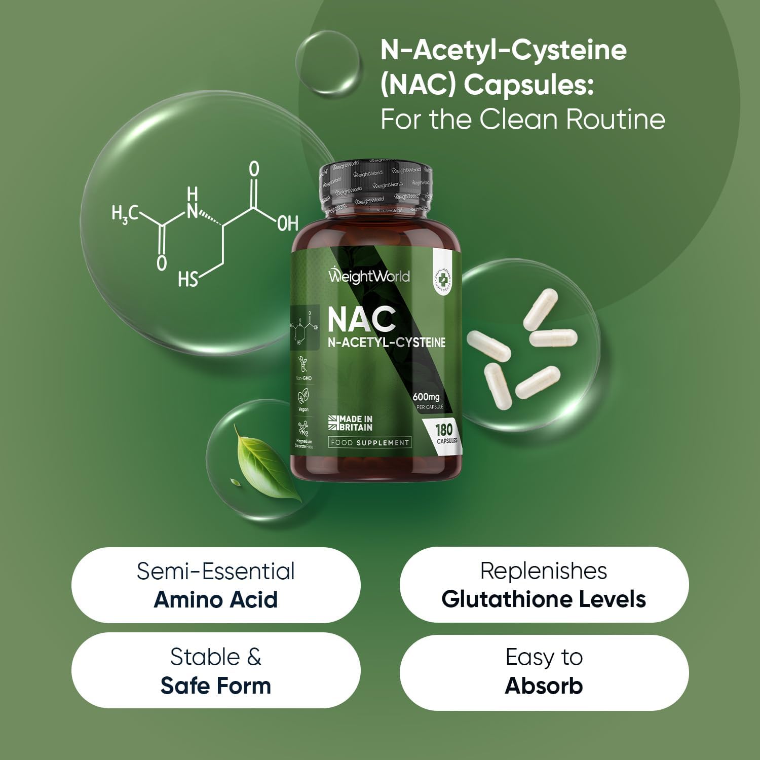 WeightWorld NAC N-Acetyl-Cysteine 600mg - 180 Capsules (6 Months Supply) - 1 per Day - Vegan & Gluten-Free NAC Supplement - Precursor to Glutathione - N-Acetyl-Cysteine Nutritional Supplements