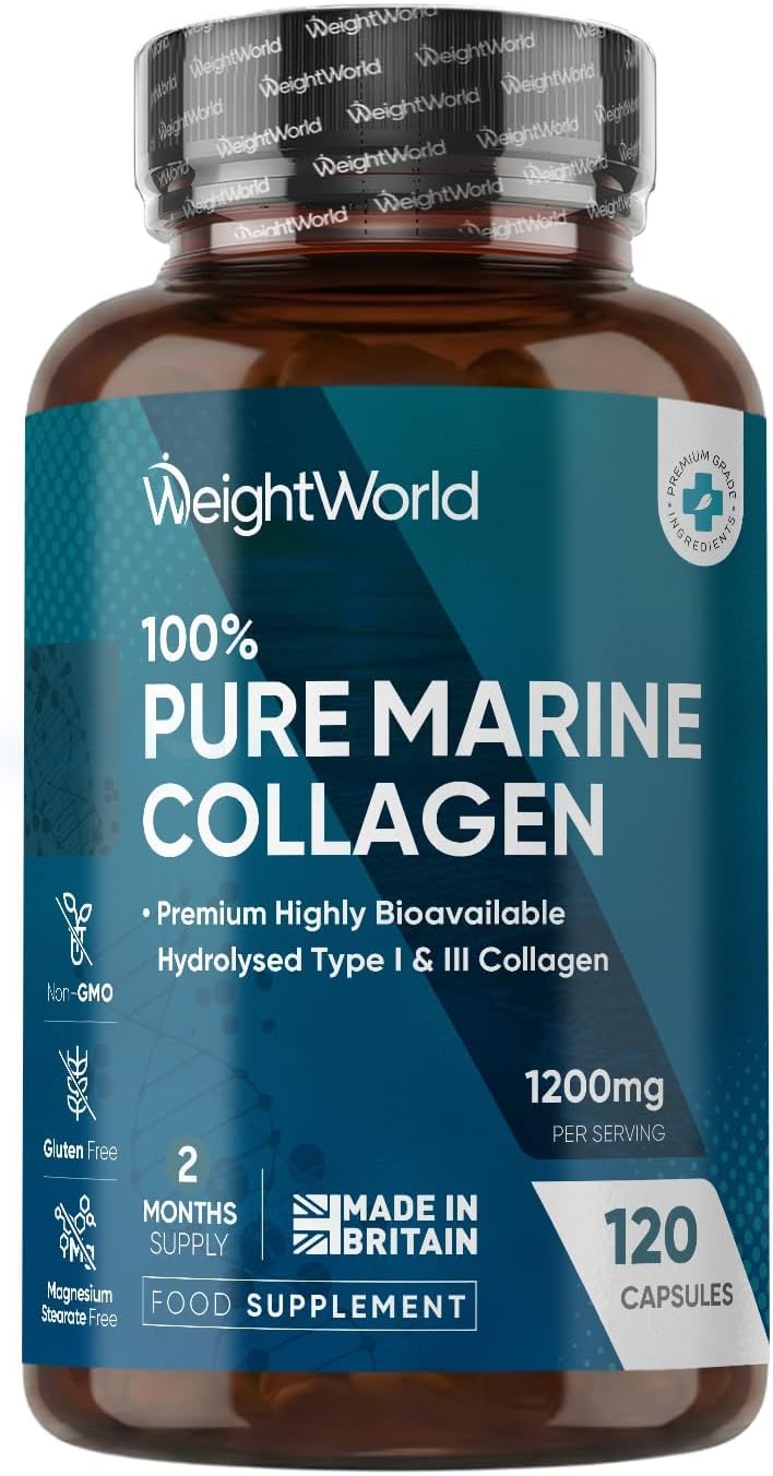 كبسولات كولاجين مارين بيور من ويت ورلد - 120 كبسولة - 1200 ملجم لكل جرعة - تكفي لشهرين - مكملات الكولاجين للنساء والرجال - ببتيدات كولاجين السمك المتحللة عالية التوافر الحيوي من النوعين 1 و 3