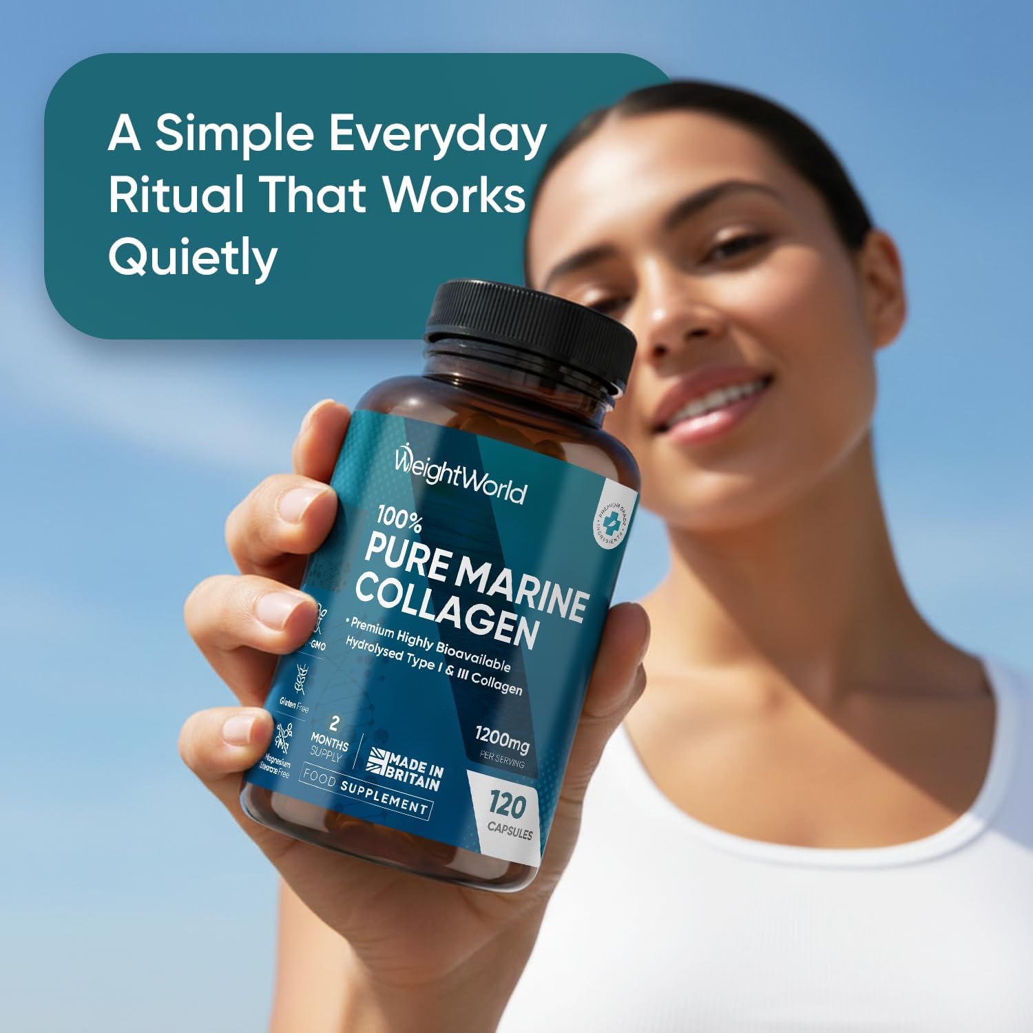 WeightWorld Pure Marine Collagen Capsules - 120 Capsules - 1200mg Per Serving - 2 Months Supply - Collagen Supplements for Women & Men - Highly Bioavailable Type 1 & 3 Hydrolysed Fish Collagen Peptides
