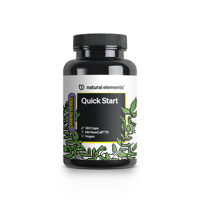Eine schwarze Flasche NATURAL ELEMENTS Quick Start Kapseln aus der Gaming-Serie enthält 180 vegane Kapseln mit je 111 mg NewCaff™75 für eine langanhaltende Koffeinwirkung. Das vegane Label ist gut sichtbar und somit perfekt für deinen Gaming-Koffeinbedarf.