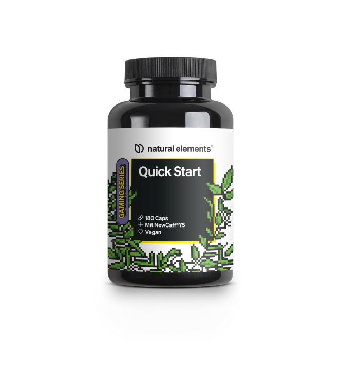 Das Produkt „Quick Start Kapseln“ von NATURAL ELEMENTS ist eine schwarze Flasche mit 180 veganen Kapseln, die mit dem „#Hit NewCaff 75“ für einen intensiven Koffeinschub sorgen. Ideal für intensive Gaming-Sessions, mit grünem Blatt-Design auf der Unterseite und stolzem Bekenntnis zum veganen Prinzip.