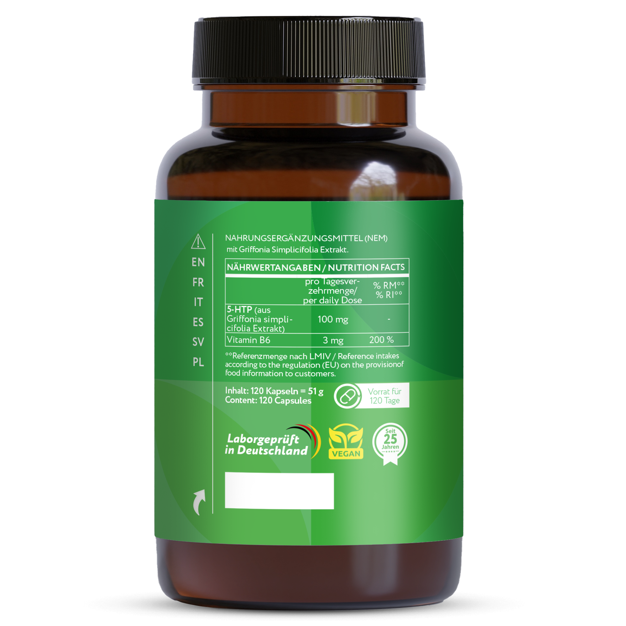 5-HTP 100 mg mit Vitamin B6 – 120 vegane Kapseln – aus Griffonia