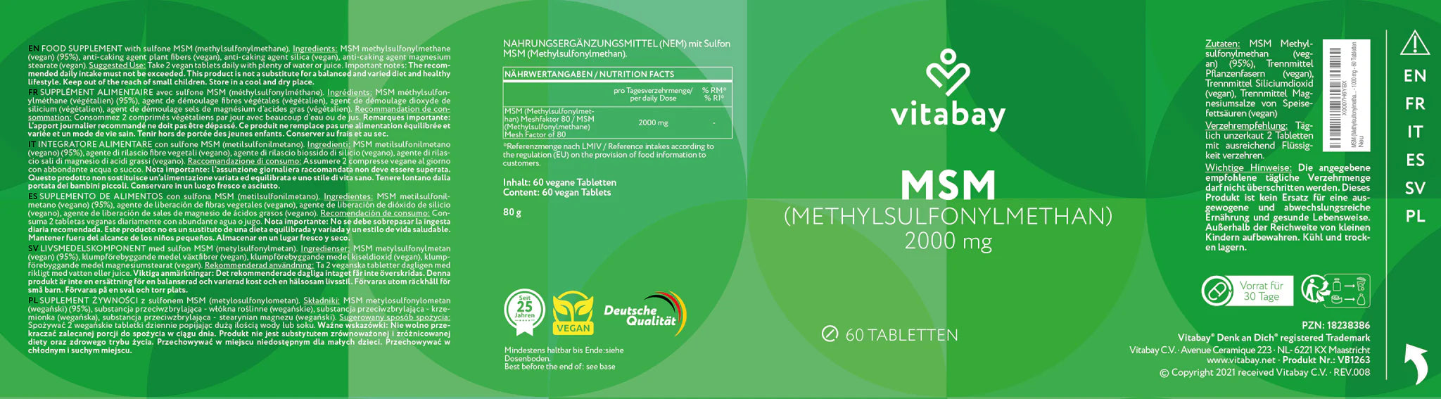 Vitabay MSM (Methylsulfonylmethane) 1000 mg - Vegan tablets