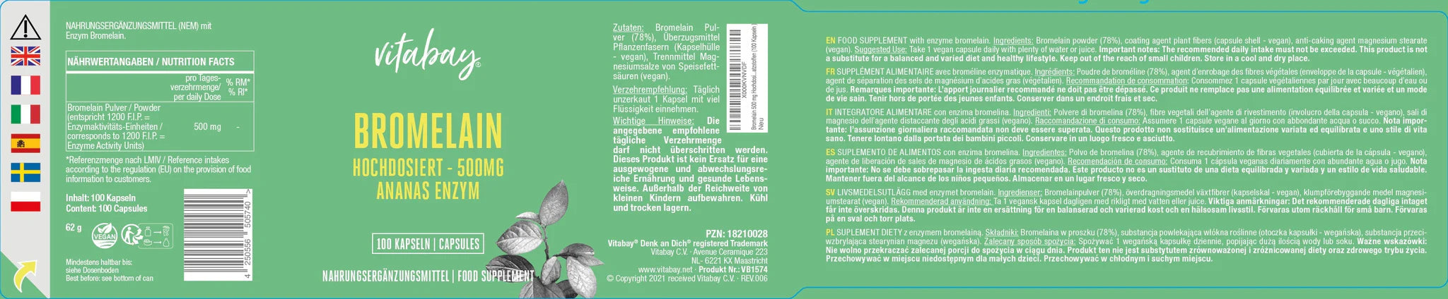 Vitabay Bromelain - 500 mg - 100 vegan capsules made from pineapple