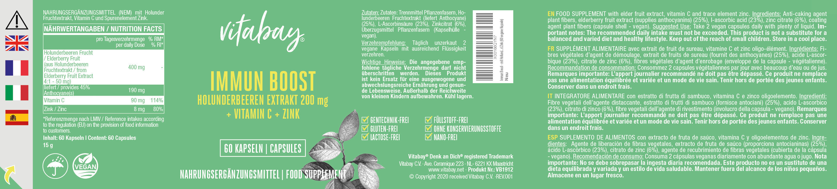 Immun Boost - mit Holunderbeeren Extrakt 200mg, Vitamin C und Zink - Vegane Kapseln