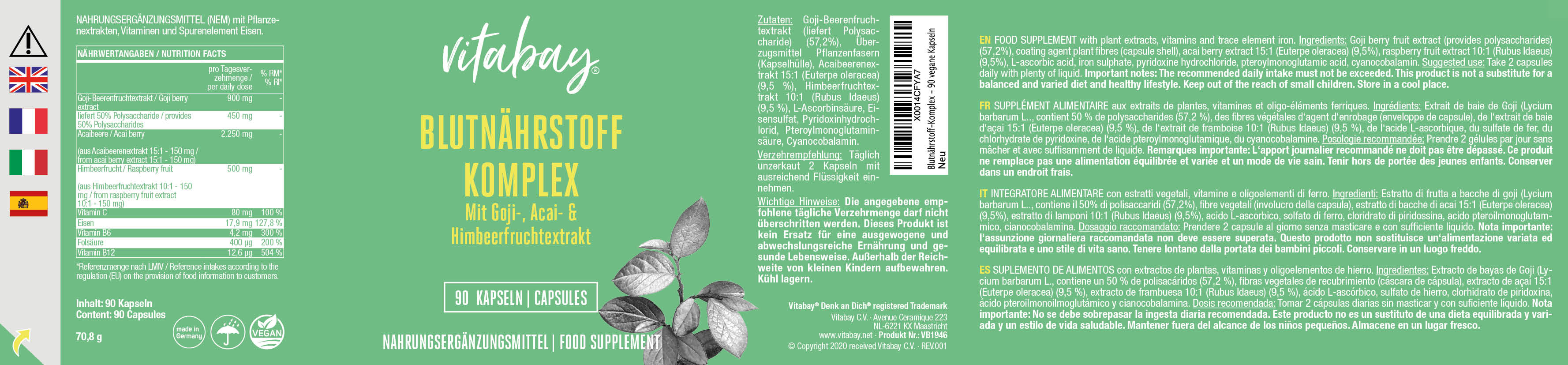 Blutnährstoff-Komplex - Mit Goji-, Acai- und Himbeerfruchtextrakt - 90 vegane Kapseln