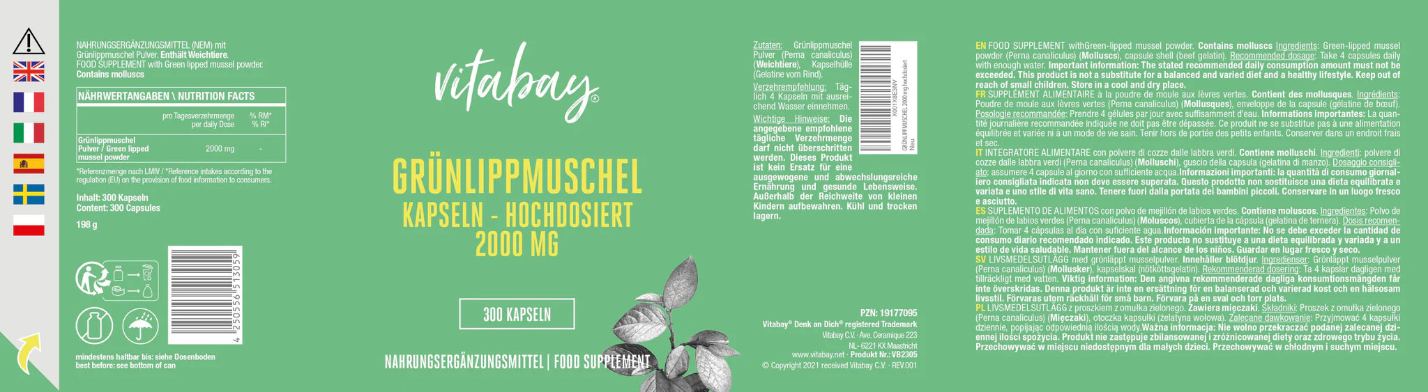 Vitabay GREEN-LIPPED MUSSEL 2000 mg high dose - 300 capsules