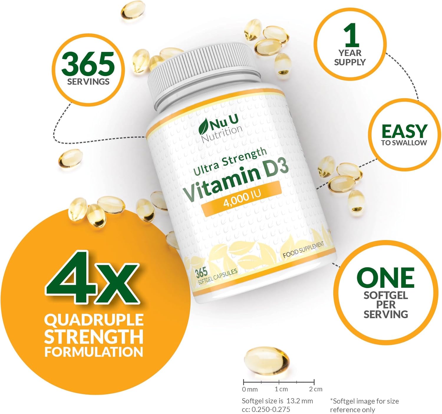 ن يو نيوتريشن - فيتامين د 4000 وحدة دولية - 365 كبسولة هلامية وليست أقراص - تكفي لمدة عام