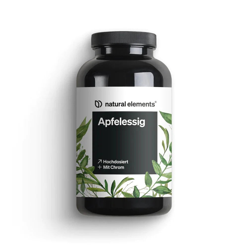 Eine schwarze Flasche NATURAL ELEMENTS Apfelessig Kapseln mit einem blattförmigen Etikett hebt den hohen Dosierungs- und Chromgehalt hervor.
