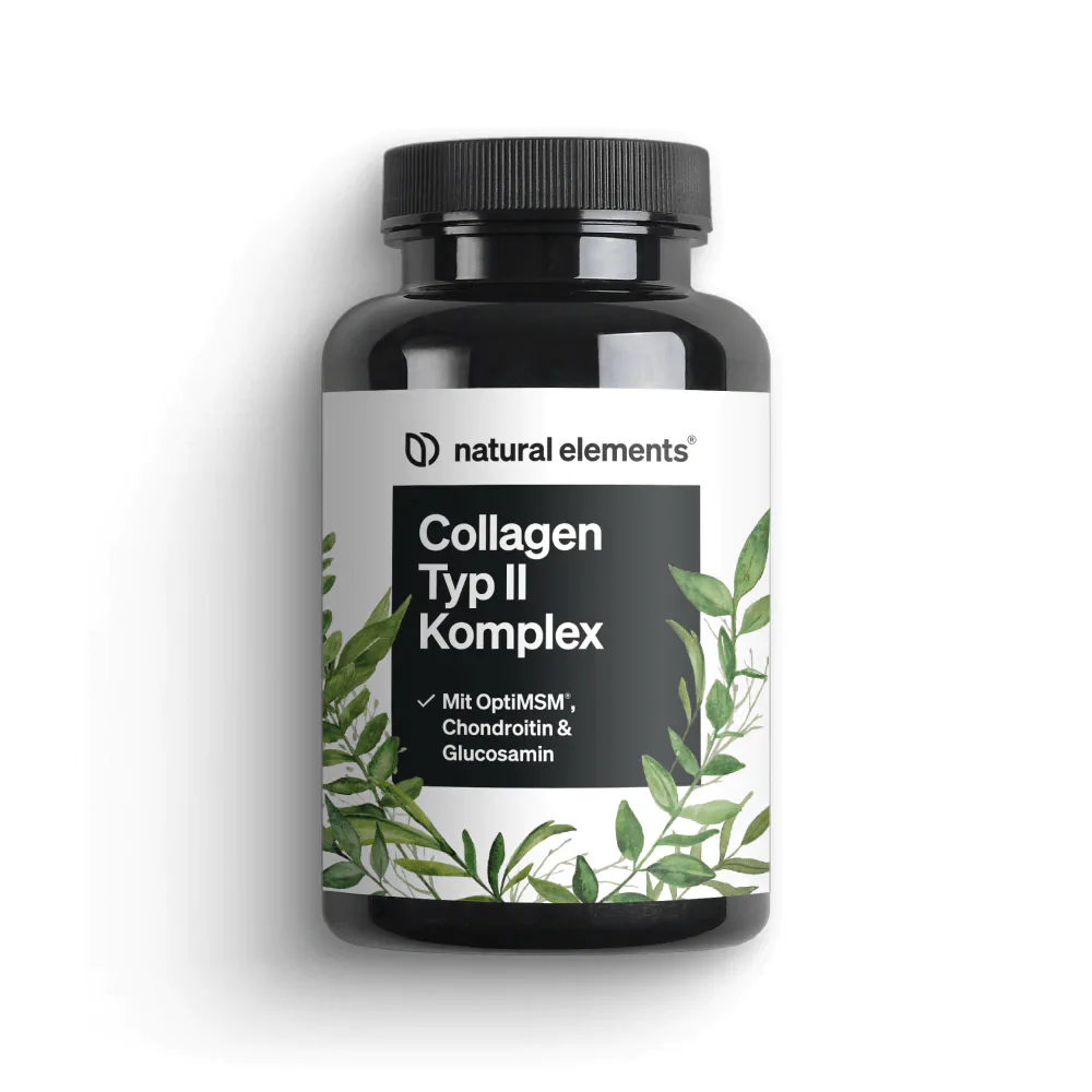 Eine schwarze Flasche NATURAL ELEMENTS Collagen Typ II Komplex mit OptiMSM, Chondroitin und Glucosamin und einem Etikett mit grünem Laub.