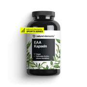 Die schwarze Flasche mit dem Etikett „EAA Kapseln“ und Blattmotiv bietet essentielle Aminosäuren und ist Teil der NATURAL ELEMENTS Sports Series. Sie ist perfekt für Fans des veganen Krafttrainings, da sie eine ideale Balance an Aminosäuren für optimale Leistung bietet.