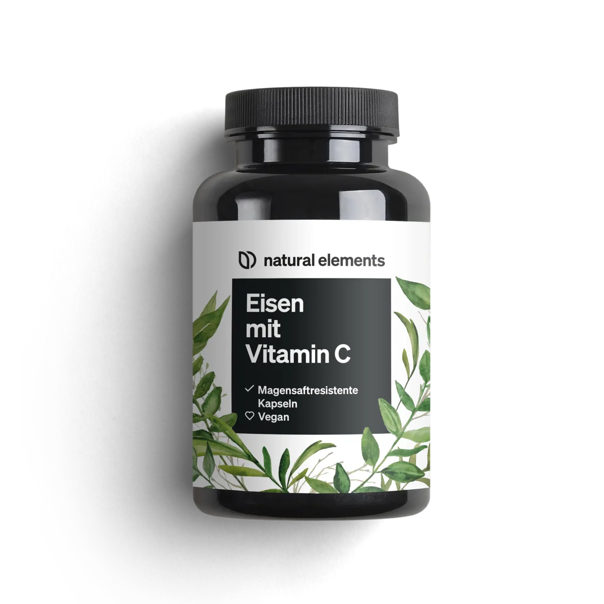 Eine Flasche NATURAL ELEMENTS Eisen mit Vitamin C Kapseln, in Schwarz mit einem Blätterdesign auf dem Etikett.