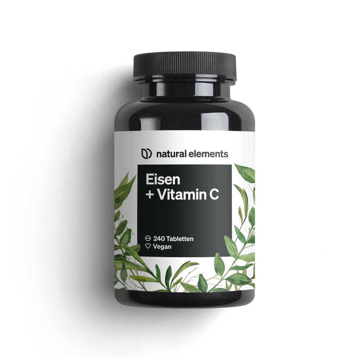 Eine Flasche NATURAL ELEMENTS Eisen mit Vitamin C Tabletten, vegan, mit elegantem schwarzen Deckel und Etikett im Blattdesign.