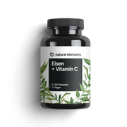 Eine Flasche NATURAL ELEMENTS Eisen mit Vitamin C Tabletten, vegan, mit elegantem schwarzen Deckel und Etikett im Blattdesign.