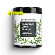 Behälter mit NATURAL ELEMENTS Endurance Drink in der Geschmacksrichtung Kirsch, mit isotonischen Eigenschaften und angereichert mit Kohlenhydraten und Elektrolyten, verziert mit einem Blattdesign und dem Branding der Sports Series.
