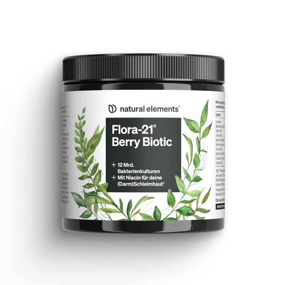 Behälter mit Flora-21® Berry Biotic von NATURAL ELEMENTS, mit einem grünen Blattdesign auf dem Etikett.