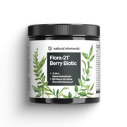Behälter mit Flora-21® Berry Biotic von NATURAL ELEMENTS, mit einem grünen Blattdesign auf dem Etikett.