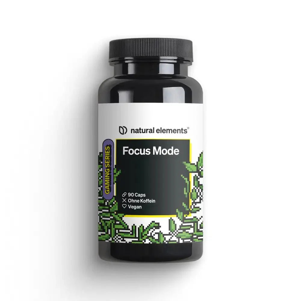 Wir präsentieren die „Focus Mode Kapseln“ von NATURAL ELEMENTS in schwarzen Flaschen, die sich ideal für intensive Gaming-Sessions eignen. Diese koffeinfreien und veganen Kapseln sind mit B-Vitaminen angereichert und haben ein markantes grünes Blattdesign auf dem Etikett.