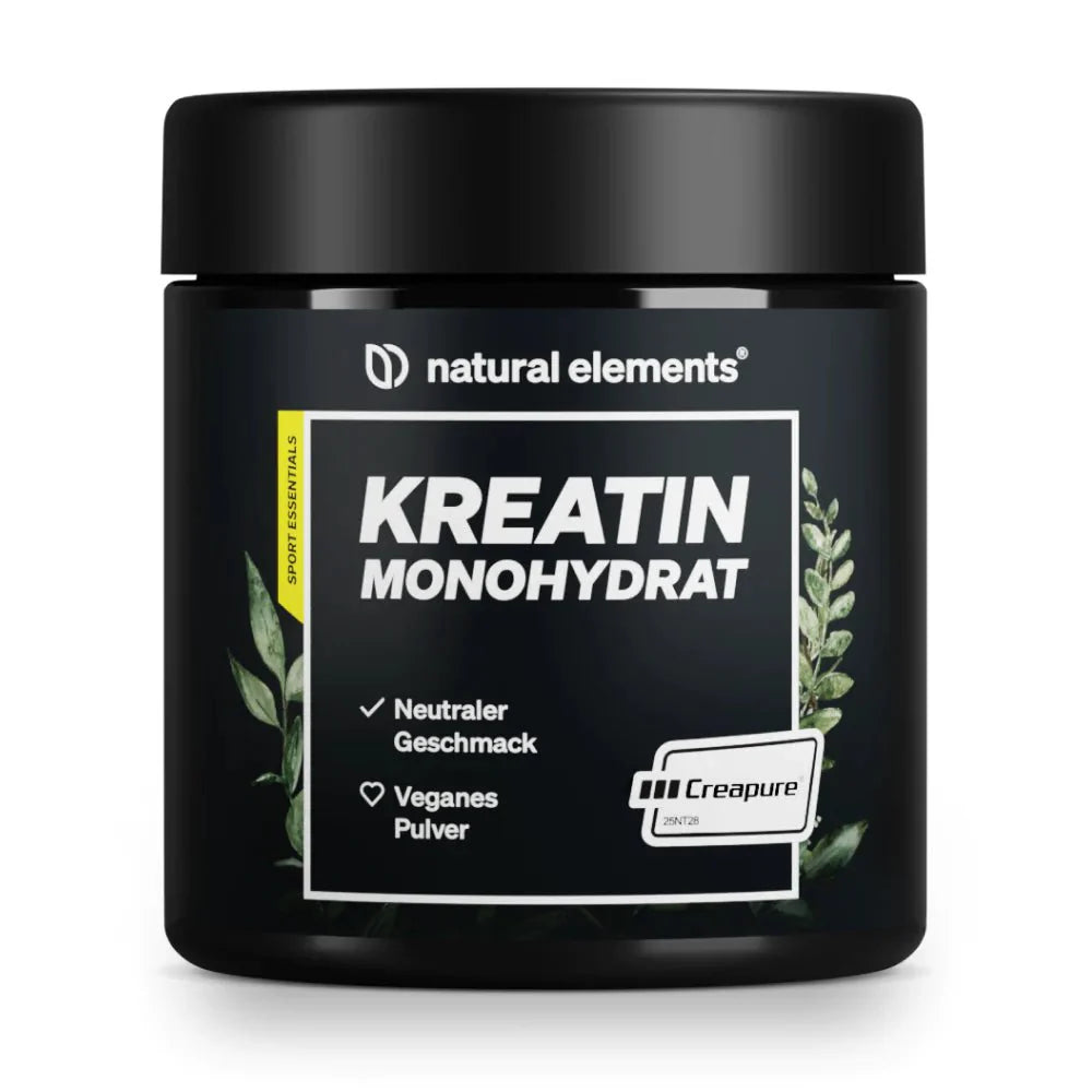 natural elements Kreatin Monohydrat Pulver - Creapure®, veganes Kreatin Monohydrat Pulver mit neutralem Geschmack und Creapure® Zertifizierung.