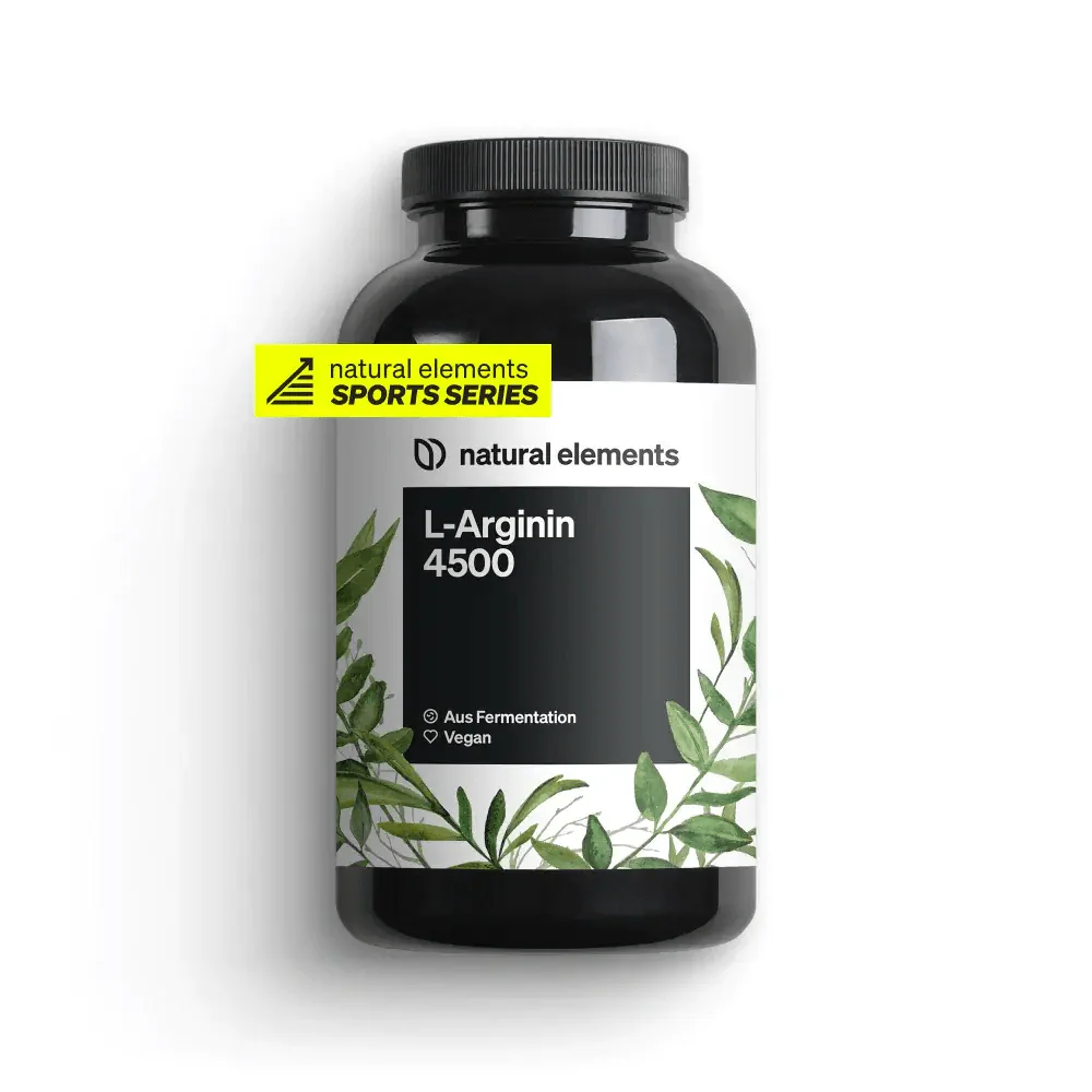 Schwarze Flasche des Nahrungsergänzungsmittels NATURAL ELEMENTS L-Arginin Kapseln mit grünem Blattdesign, das seine Rolle beim Proteinaufbau betont. Es ist als vegan gekennzeichnet und durch Fermentation gewonnen.
