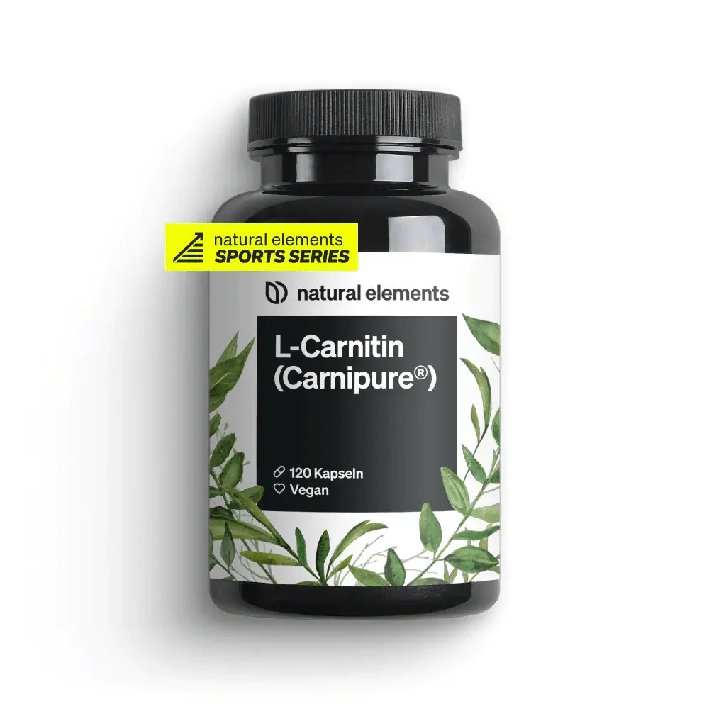 Eine Flasche NATURAL ELEMENTS L-Carnitin (Carnipure®) Kapseln zur Fettverbrennung und zum Muskelaufbau enthält 120 vegane Kapseln. Die Verpackung ist mit grünen Blättern versehen und gehört zur Sportserie.