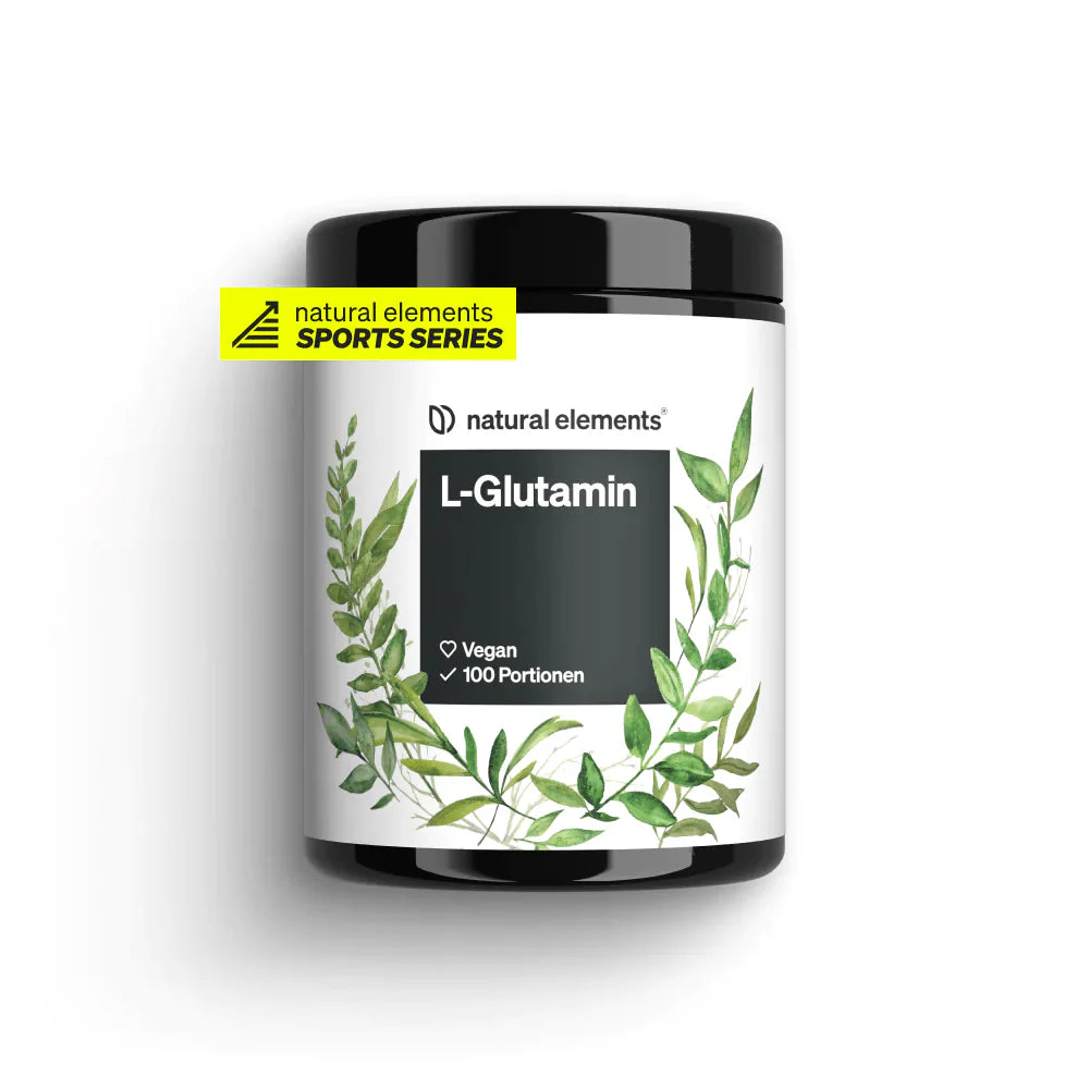 Eine Dose L-Glutamin Pulver aus der Sportserie NATURAL ELEMENTS, ideal für die Einnahme nach dem Training, trägt das Etikett „veganen Pulver“, enthält 100 Portionen und ist mit einer grünen Blättergrafik verziert.