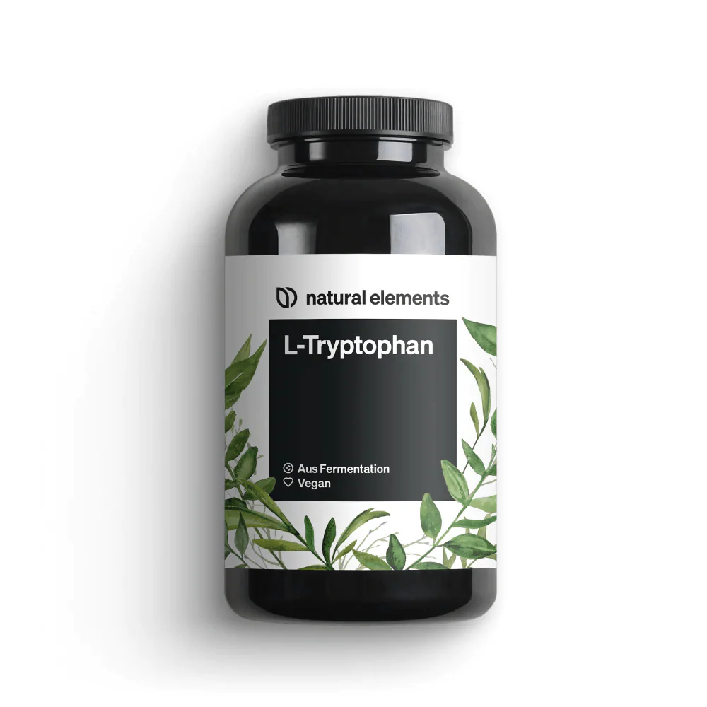 Eine elegante schwarze Flasche mit der eleganten Aufschrift „NATURAL ELEMENTS L-Tryptophan Kapseln“ ist wunderschön mit Blattillustrationen verziert. Das Etikett hebt hervor, dass das Produkt sowohl vegan als auch fermentiert ist und ein natürliches Schlaferlebnis fördert, das mit dem Schlafhormon Melatonin in Verbindung steht.