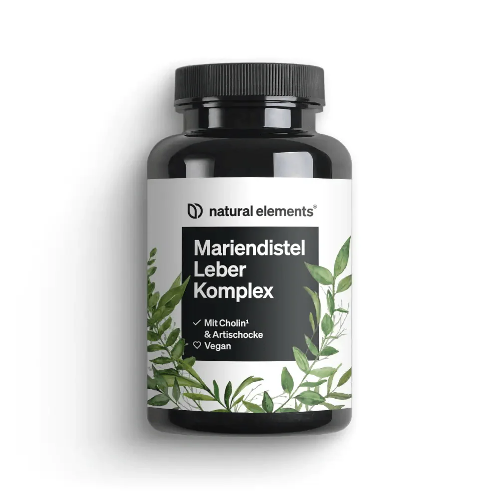 Eine schwarze Flasche „Mariendistel Leber Komplex“ von NATURAL ELEMENTS, mit einem mit grünen Blättern verzierten Etikett und einem Text, der darauf hinweist, dass das Produkt vegan ist und neben Cholin auch Artischocke enthält.