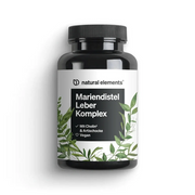 Eine schwarze Flasche „Mariendistel Leber Komplex“ von NATURAL ELEMENTS, mit einem mit grünen Blättern verzierten Etikett und einem Text, der darauf hinweist, dass das Produkt vegan ist und neben Cholin auch Artischocke enthält.
