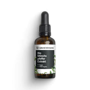 Eine Tropfflasche aus Braunglas mit der Aufschrift „Bio Mönchspfeffer Tropfen“ von NATURAL ELEMENTS, als vegan gekennzeichnet, mit 1.100 Tropfen und Blätterillustrationen.