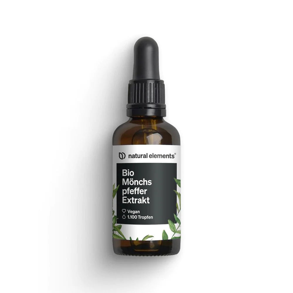 Eine Tropfflasche aus Braunglas mit der Aufschrift „Bio Mönchspfeffer Tropfen“ von NATURAL ELEMENTS, als vegan gekennzeichnet, mit 1.100 Tropfen und Blätterillustrationen.