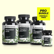 Vier Flaschen mit Nahrungsergänzungsmitteln aus dem Immun Pro Bundle sind mit einem Etikett mit der Aufschrift "Pro Bundle Vorteilspreis" versehen.