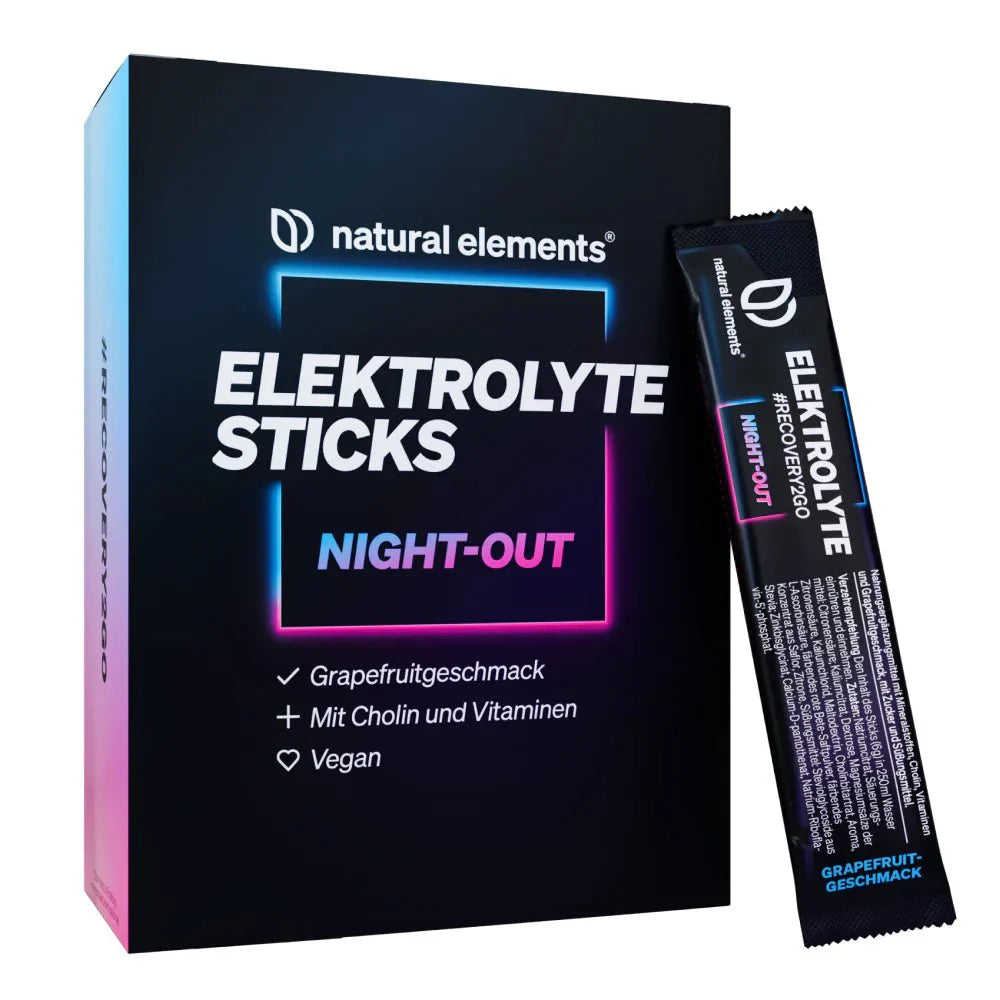 Eine Schachtel und eine Stick-Packung "natural elements Elektrolyte Sticks Night-out" mit Grapefruit-Geschmack, vegan mit Cholin und Vitaminen, abgebildet mit deutschsprachiger Verpackung.
