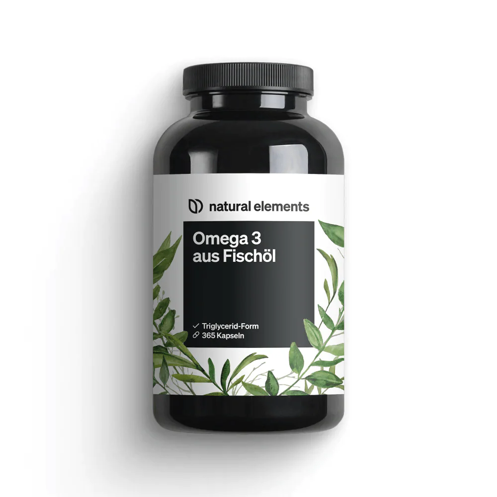 Eine Flasche Omega-3-Fischöl-Kapseln von NATURAL ELEMENTS trägt ein Etikett im Blattdesign mit deutschem Text, perfekt zur Unterstützung der Herzfunktion.